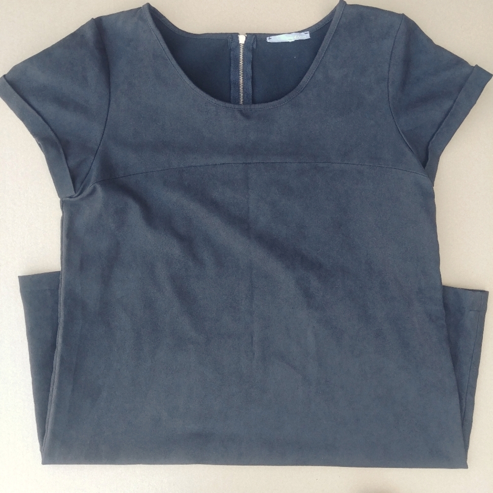 Etam Made in France Black Vegan Suede T Shirt Shift Mini Dress approx Me…